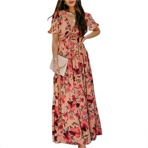 ✨New✨Women's Floral Print Frill Trim Ruched Dress - Red